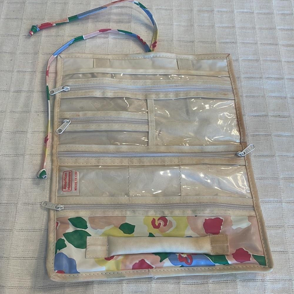 Vintage jewelry roll up travel case pouch bag floral vinyl